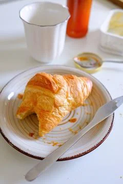 Delicious breakfast on table in kitchen Stock Photos