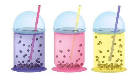 Delicious bubble tea milk drink with floating tapioca in transparent cups Stock Illustration