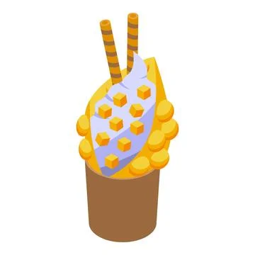 Delicious bubble waffle with mango cubes, whipped cream and wafer rolls in .. Stock Illustration