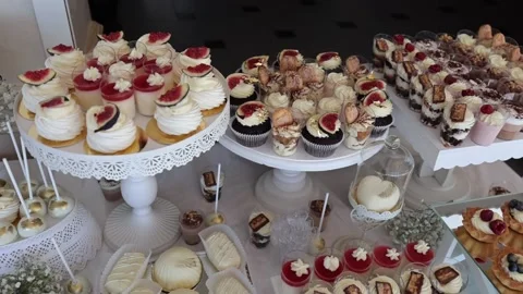 Delicious buffet desserts, sweets, decor, beautiful table setting Stock Footage 205324992