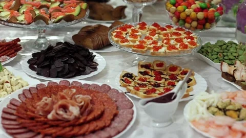 A delicious buffet table, many different snacks. A Cossack table at a Ukrainian Stock Footage 288482510