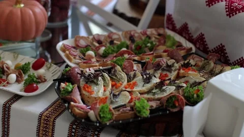 A delicious buffet table, many different snacks. A Cossack table at a Ukrainian Stock Footage 288482577