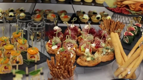 A delicious buffet table, many different snacks. A Cossack table at a Ukrainian Stock Footage 288482603