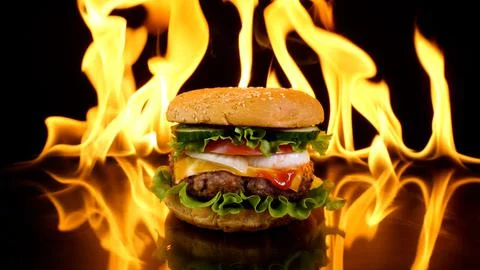 Delicious burger on the background of fire Stock Photos