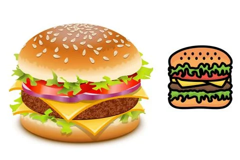 Delicious burger ,illustration, vector on white background. Stock Illustration