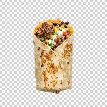 A delicious burrito stands upright, filled with succulent barbacoa and fres.. Stock Photos