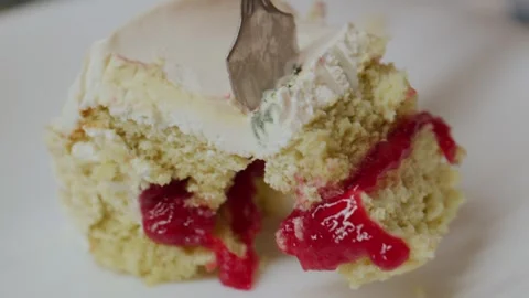 Delicious cake bite with visible red fruit layer and soft sponge Stock Footage 336192634