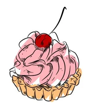 A delicious cake with cream and cherry, freehand drawing Stock Illustration