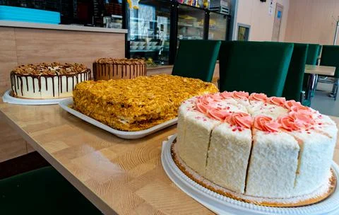 Delicious cake on a table in a roadside cafe Stock Photos