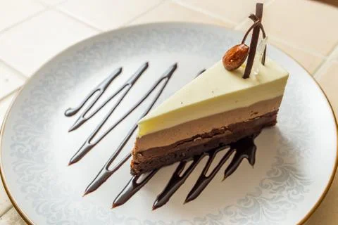 Delicious cake with three different kind of chocolate Stock Photos