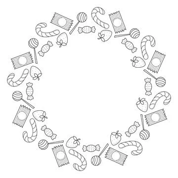 Delicious candy round frame doodle sketch style. Stock Illustration