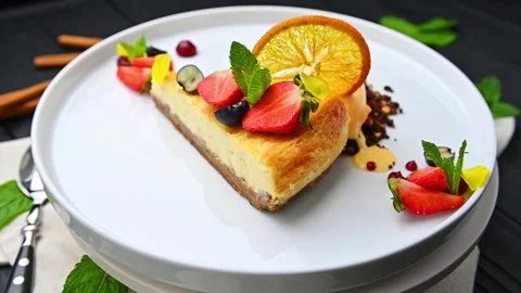 Delicious cheesecake slice with fresh fruit and mint served on a white plate Stock Footage 328374692