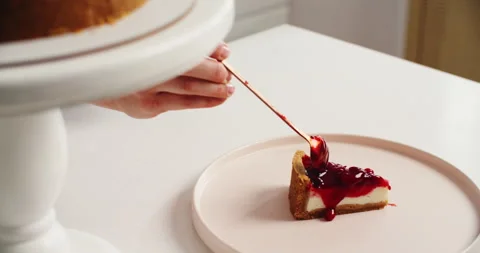 Delicious cherry cake, piece of cake on the table Stock Footage 222904382