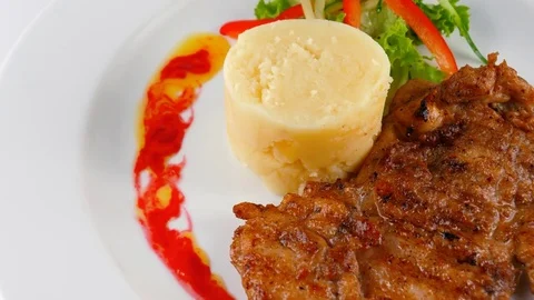 Delicious Chicken Steak, copy space on left side, served in Restaurant or Pub Stock Footage 79711828