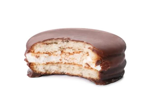 Delicious choco pie with bite mark isolated on white Foto stock