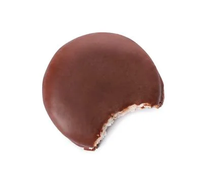 Delicious choco pie with bite mark isolated on white, top view Foto stock