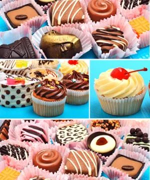 Delicious chocolate and creamy muffins on blue background Stock Photos