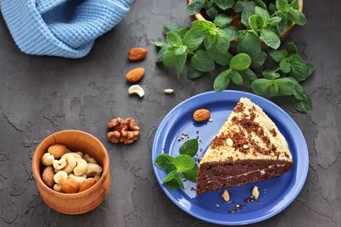 Delicious chocolate cake and mix of nuts 库存照片