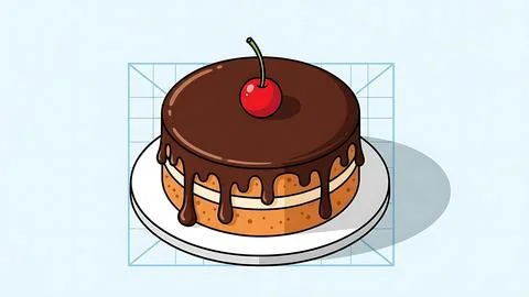 Delicious chocolate cake with cherry on top Stock Illustration
