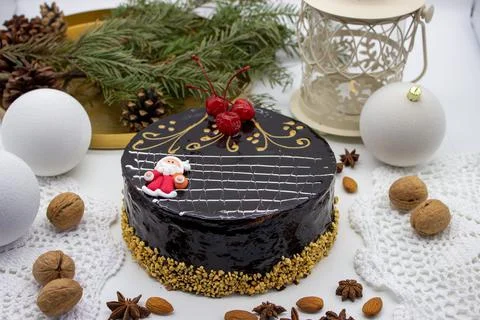 Delicious chocolate cake with Santa Stock Photos