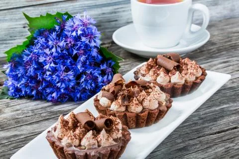 Delicious chocolate cupcakes on a white rectangular dish with bo Stock Photos