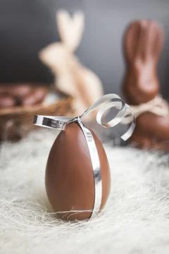 Delicious chocolate Easter egg with a ribbon Stock Photos
