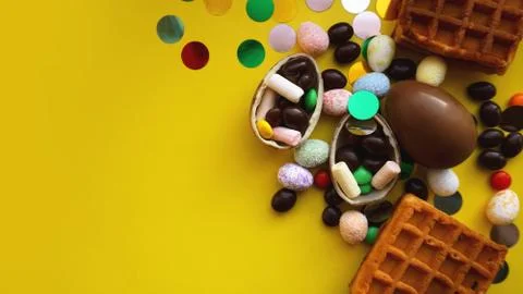 Delicious chocolate easter eggs, sweets on bright yellow background Stock Photos