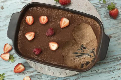 Delicious chocolate mousse, served on the table. Stock Photos