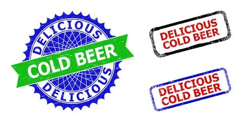 DELICIOUS COLD BEER Rosette and Rectangle Bicolor Watermarks with Grunge Text Stock Illustration
