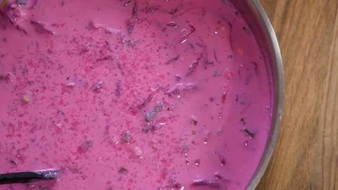 Delicious cold beetroot soup in top-down pan view Stock Footage 152881374