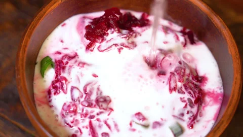 Delicious cold beetroot soup in top-down pan view Stockbeeldmateriaal 250442606