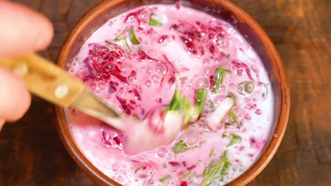 Delicious cold beetroot soup in top-down pan view Stockbeeldmateriaal 250443021