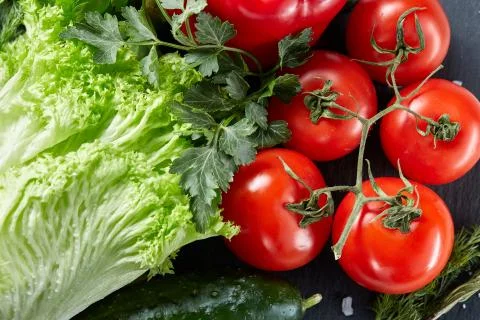 Delicious composition of assorted fresh vegetables and herbs on white textured Photos