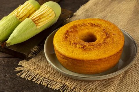Delicious corn cake on table. Typical Brazilian cake. Stock Photos