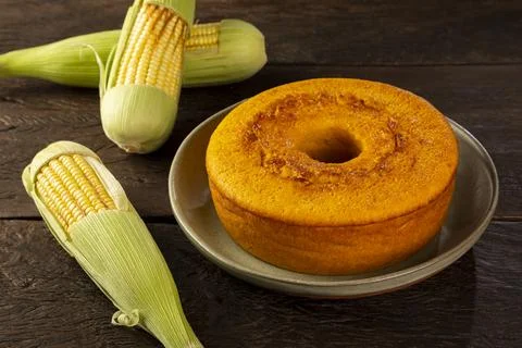 Delicious corn cake on table. Typical Brazilian cake. Stock Photos