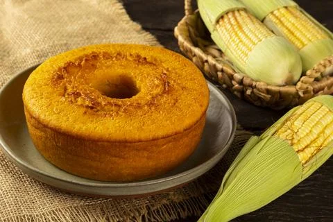 Delicious corn cake on table. Typical Brazilian cake. Stock Photos