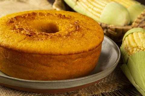 Delicious corn cake on table. Typical Brazilian cake. Stock Photos
