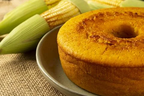 Delicious corn cake on table. Typical Brazilian cake. Stock Photos