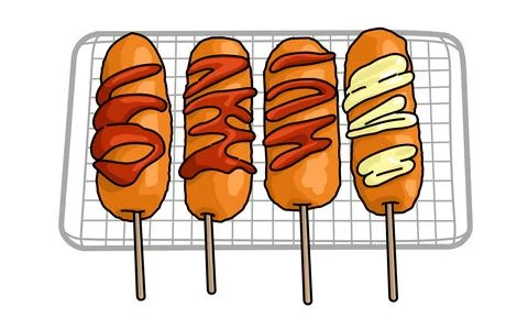 Delicious Corn dogs on a wire rack with sauce and mustard. Street food Stock Illustration