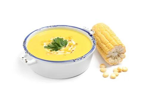 Delicious creamy corn soup and cob isolated on white Stock Photos