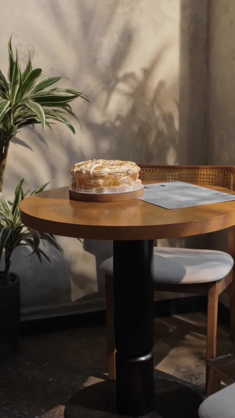 Delicious creamy fluffy cake on a table in a modern cafe interior Stock Footage 310500367