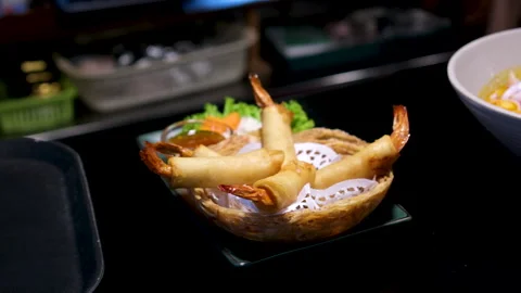 Delicious Crispy Shrimp Spring Rolls with Creamy Dipping Sauce Stock Footage 313531040