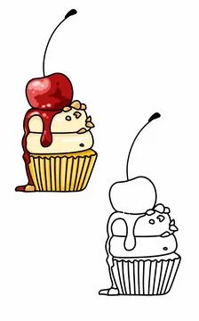 Delicious Cup cake cherry fruit in a paper cup coloring page  Stock Illustration