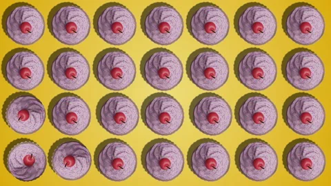 Delicious cupcakes rotation pattern animation on yellow abstract background Stock Footage 197426971
