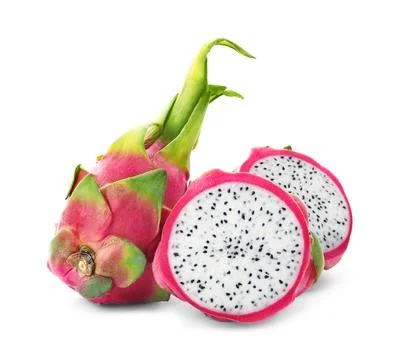 Delicious cut and whole dragon fruits (pitahaya) on white background Stock Photos