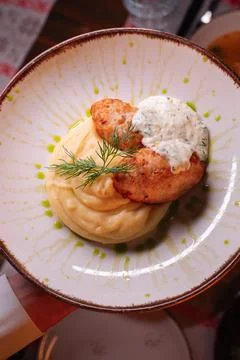 Delicious cutlets with airy mashed potatoes served in the restaurant. The Stock Photos