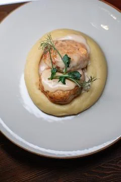 Delicious cutlets with airy mashed potatoes served in the restaurant. The Stock Photos