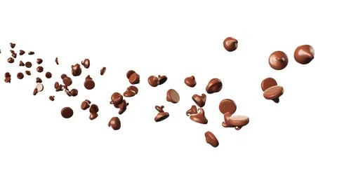 Delicious dark chocolate chips flowing in the air on isolated white backgro.. Stock Illustration