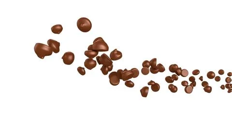 Delicious dark chocolate chips fly in the air on isolated white background... Stock Illustration