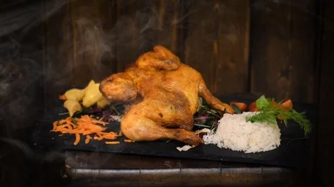 Delicious dinner with Chicken, chips and rice Stock Footage 104666901